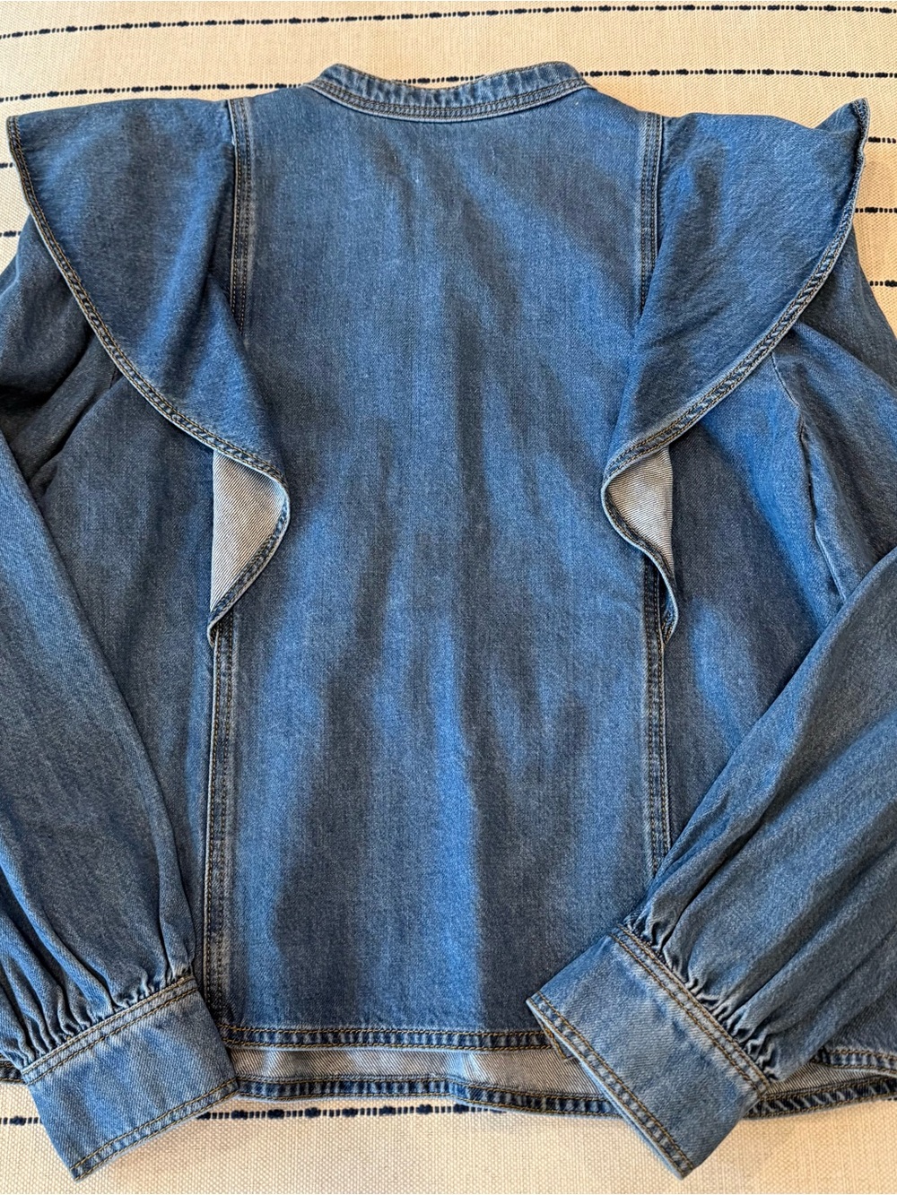 LOFT Blue Denim Ruffle-Shoulder Button Pullover - Picture 2 of 4
